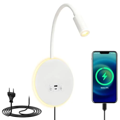 Leselampe Wandmontage, Schwanenhals Lampe Weiss, 360° Schwenkbar Schwanenhals mit Stecker, Dimmbar Bettleuchte Mit USB-Ladeanschluss, LED Wandlampe Leselicht für Schlafzimmer Hotels Nachttischlampe