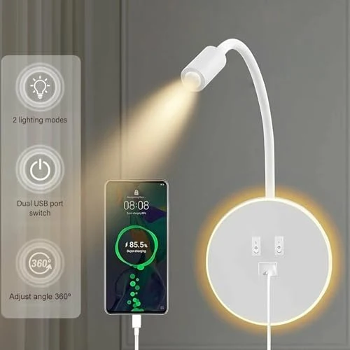 Leselampe Wandmontage, Schwanenhals Lampe Weiss, 360° Schwenkbar Schwanenhals mit Stecker, Dimmbar Bettleuchte Mit USB-Ladeanschluss, LED Wandlampe Leselicht für Schlafzimmer Hotels Nachttischlampe