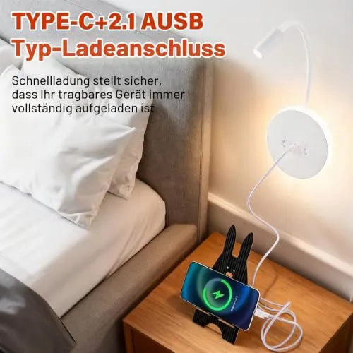Leselampe Wandmontage, Schwanenhals Lampe Weiss, 360° Schwenkbar Schwanenhals mit Stecker, Dimmbar Bettleuchte Mit USB-Ladeanschluss, LED Wandlampe Leselicht für Schlafzimmer Hotels Nachttischlampe
