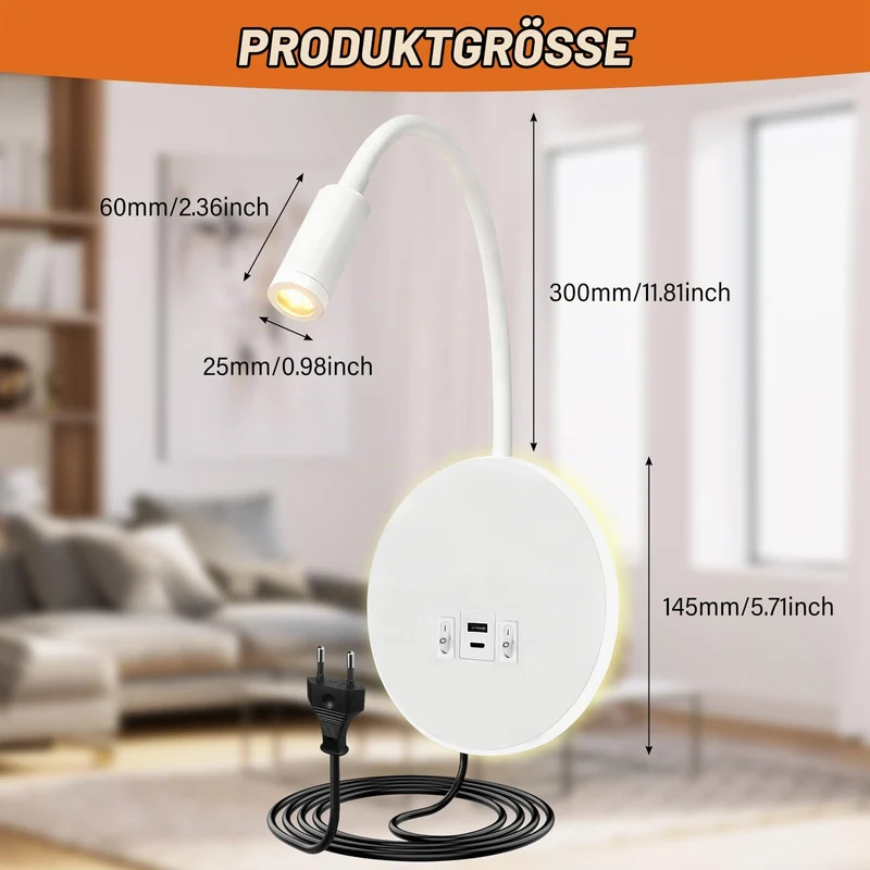 Leselampe Wandmontage, Schwanenhals Lampe Weiss, 360° Schwenkbar Schwanenhals mit Stecker, Dimmbar Bettleuchte Mit USB-Ladeanschluss, LED Wandlampe Leselicht für Schlafzimmer Hotels Nachttischlampe