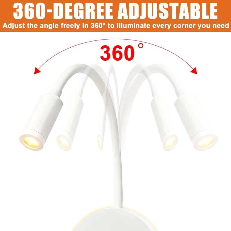 Leselampe Wandmontage, Schwanenhals Lampe Weiss, 360° Schwenkbar Schwanenhals mit Stecker, Dimmbar Bettleuchte Mit USB-Ladeanschluss, LED Wandlampe Leselicht für Schlafzimmer Hotels Nachttischlampe