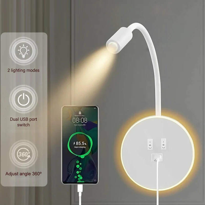 Leselampe Wandmontage, Schwanenhals Lampe Weiss, 360° Schwenkbar Schwanenhals mit Stecker, Dimmbar Bettleuchte Mit USB-Ladeanschluss, LED Wandlampe Leselicht für Schlafzimmer Hotels Nachttischlampe
