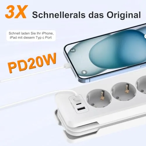 Steckdosenleiste 2 USB C(PD 20W) und 1 USB A, 3 Fach Mehrfachsteckdose