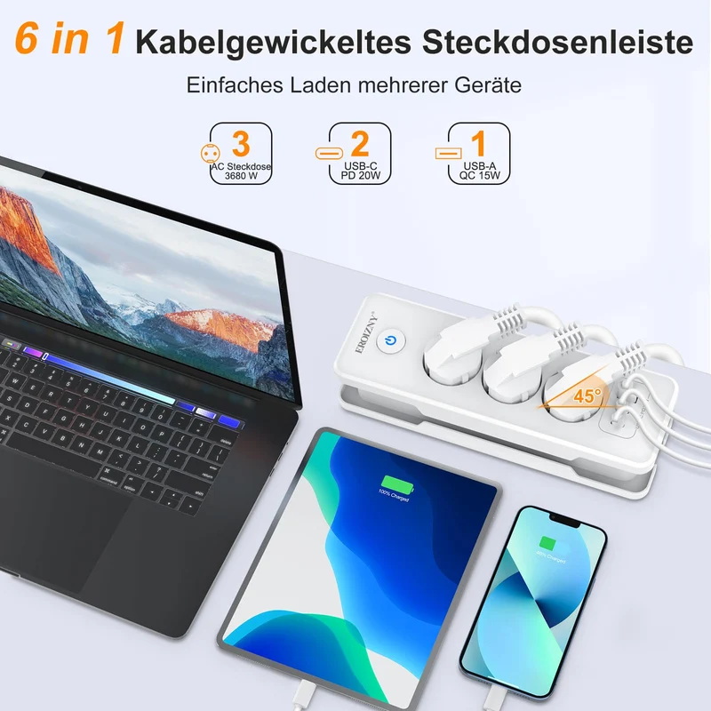 Steckdosenleiste 2 USB C(PD 20W) und 1 USB A, 3 Fach Mehrfachsteckdose
