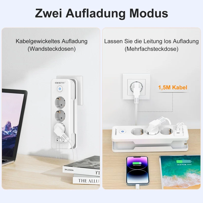 Steckdosenleiste 2 USB C(PD 20W) und 1 USB A, 3 Fach Mehrfachsteckdose