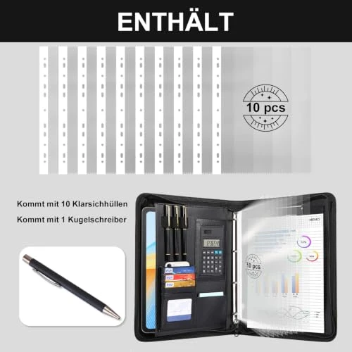 Cottoncode Schreibmappe A4 Leder mit Reißverschluss Dokumentenorganisation