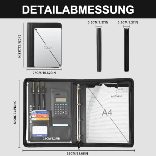 Cottoncode Schreibmappe A4 Leder mit Reißverschluss Dokumentenorganisation