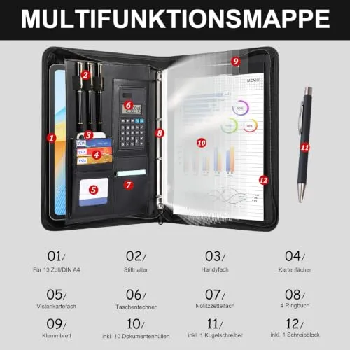 Cottoncode Schreibmappe A4 Leder mit Reißverschluss Dokumentenorganisation