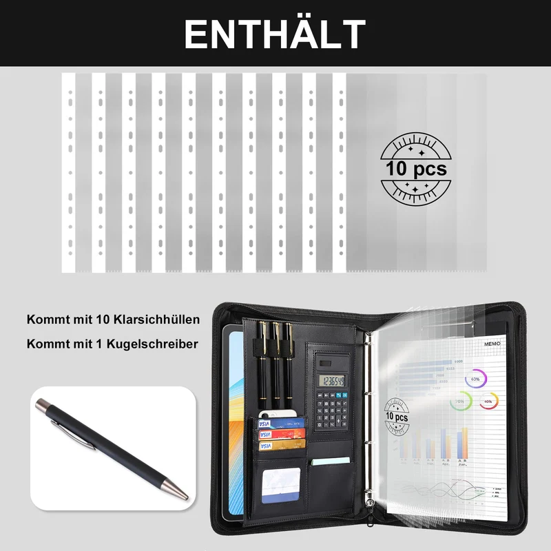 Cottoncode Schreibmappe A4 Leder mit Reißverschluss Dokumentenorganisation