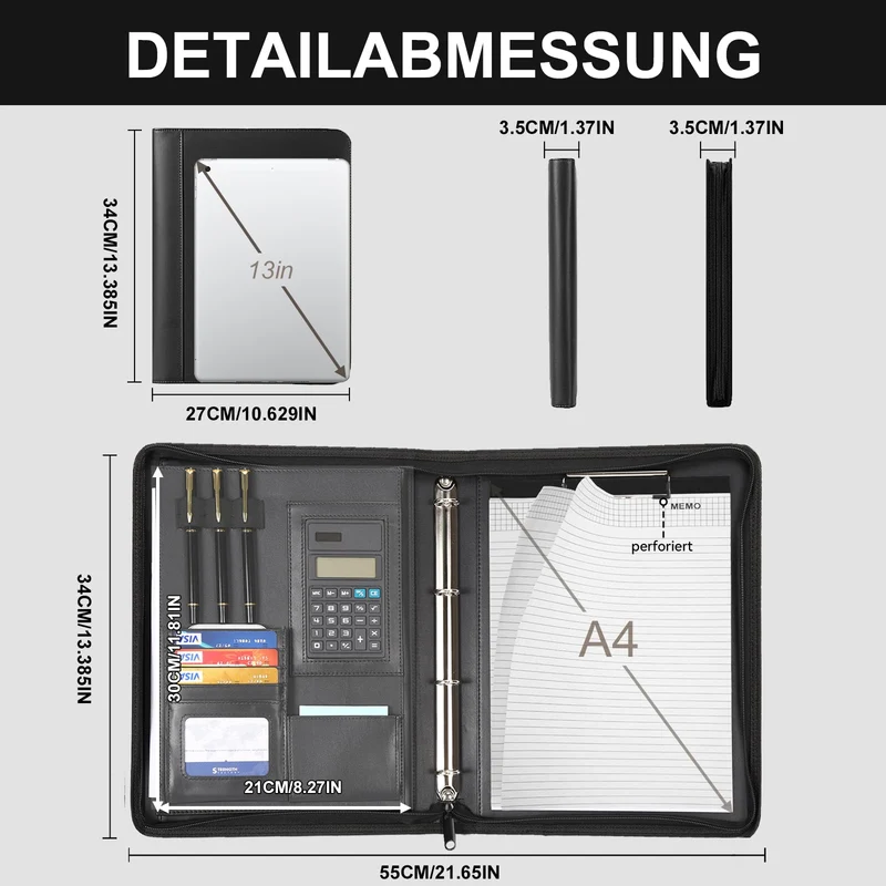 Cottoncode Schreibmappe A4 Leder mit Reißverschluss Dokumentenorganisation