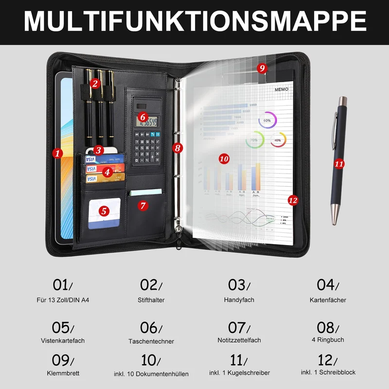 Cottoncode Schreibmappe A4 Leder mit Reißverschluss Dokumentenorganisation
