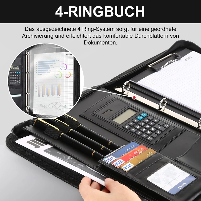 Cottoncode Schreibmappe A4 Leder mit Reißverschluss Dokumentenorganisation
