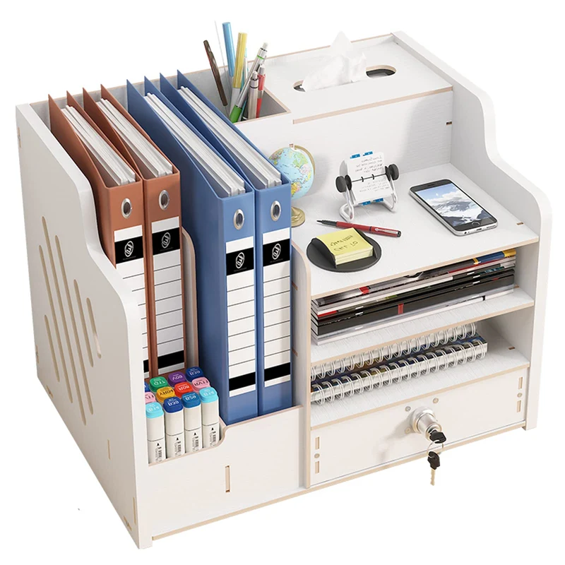 Catekro Schreibtisch Organizer Holz, Briefablage Ablagefächer mit Schublade, Bürozubehör, Ordnungssystem Büro mit Aktenhalter für Büro Bedarf Dokumentenablage Weiß