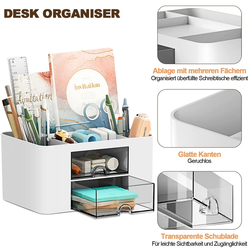 PAMIYO Schreibtisch Organizer 7 Fächer Plastik Büro Organizer, Multifunktionaler Stiftehalter Schreibtisch mit Schublade,Tisch Organizer aus Kunststoff, Stifteköcher für Büro Zuhause Schule (Weiß)