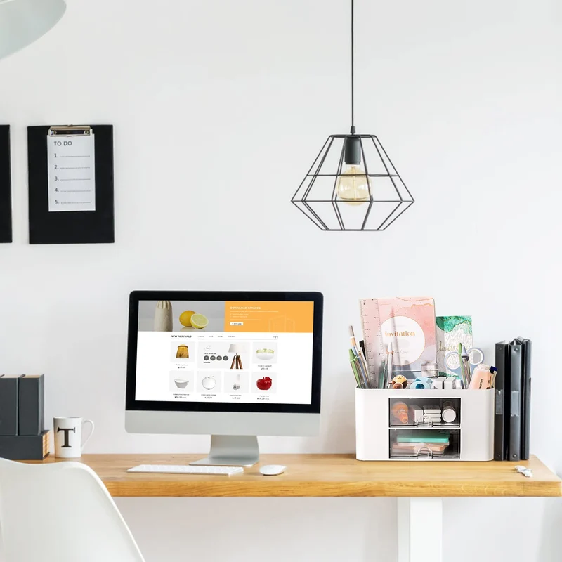 PAMIYO Schreibtisch Organizer 7 Fächer Plastik Büro Organizer, Multifunktionaler Stiftehalter Schreibtisch mit Schublade,Tisch Organizer aus Kunststoff, Stifteköcher für Büro Zuhause Schule (Weiß)