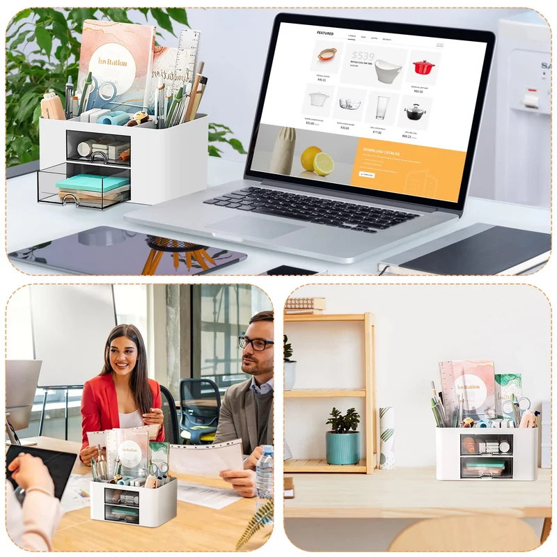 PAMIYO Schreibtisch Organizer 7 Fächer Plastik Büro Organizer, Multifunktionaler Stiftehalter Schreibtisch mit Schublade,Tisch Organizer aus Kunststoff, Stifteköcher für Büro Zuhause Schule (Weiß)