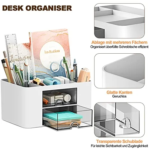 PAMIYO Schreibtisch Organizer 7 Fächer Plastik Büro Organizer, Multifunktionaler Stiftehalter Schreibtisch mit Schublade,Tisch Organizer aus Kunststoff, Stifteköcher für Büro Zuhause Schule (Weiß)