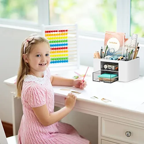 PAMIYO Schreibtisch Organizer 7 Fächer Plastik Büro Organizer, Multifunktionaler Stiftehalter Schreibtisch mit Schublade,Tisch Organizer aus Kunststoff, Stifteköcher für Büro Zuhause Schule (Weiß)