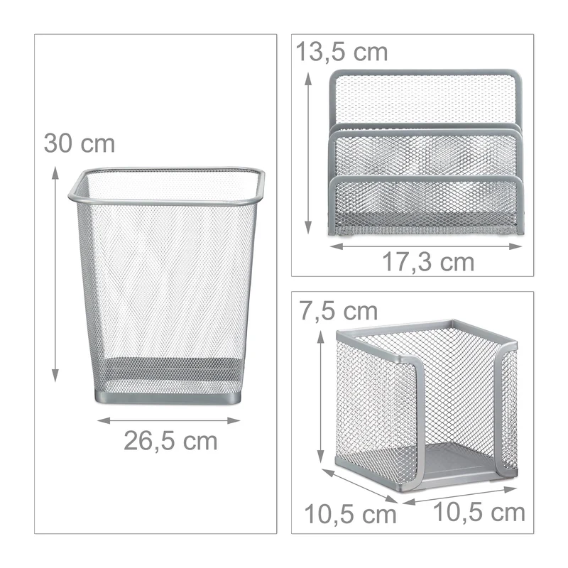 Relaxdays Schreibtisch Organizer 6er Set, Ablage Visitenkarten, Zettelbox, Briefablage, Stifteköcher, Mülleimer, silber