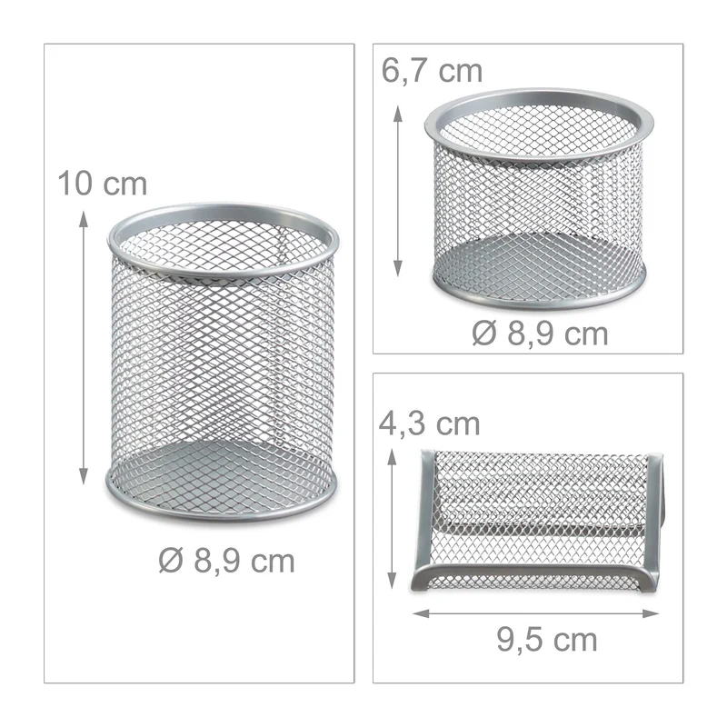 Relaxdays Schreibtisch Organizer 6er Set, Ablage Visitenkarten, Zettelbox, Briefablage, Stifteköcher, Mülleimer, silber