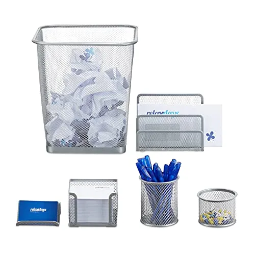 Relaxdays Schreibtisch Organizer 6er Set, Ablage Visitenkarten, Zettelbox, Briefablage, Stifteköcher, Mülleimer, silber