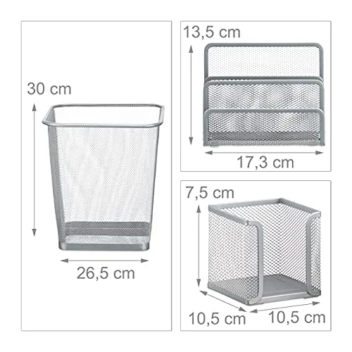 Relaxdays Schreibtisch Organizer 6er Set, Ablage Visitenkarten, Zettelbox, Briefablage, Stifteköcher, Mülleimer, silber