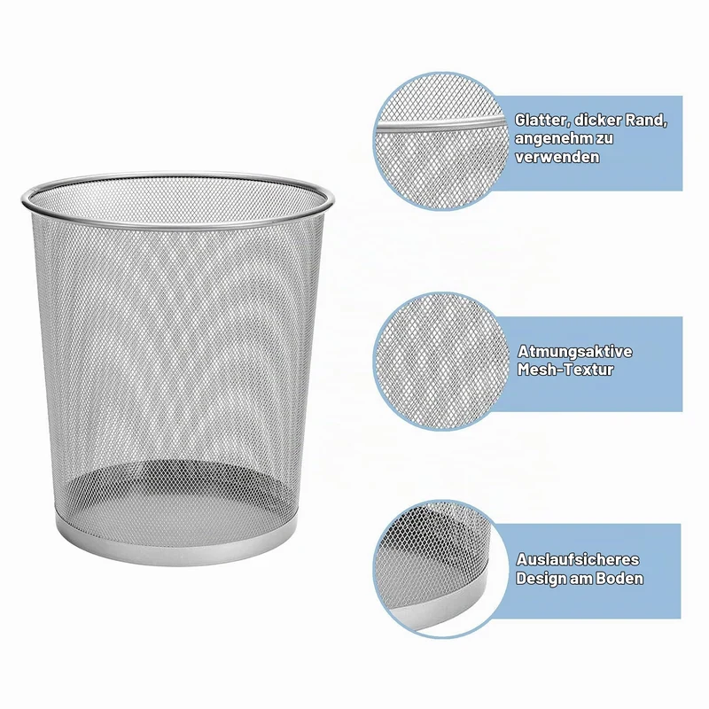D.RECT KOMO Papierkorb, 12L Metall Abfalleimer Büro | Runder Mülleimer für Arbeitszimmer, Küche | Stabile Ausführung, 266x218x280 mm, Silber