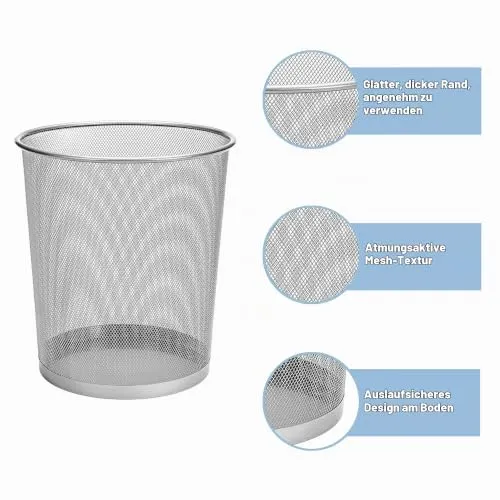 D.RECT KOMO Papierkorb, 12L Metall Abfalleimer Büro | Runder Mülleimer für Arbeitszimmer, Küche | Stabile Ausführung, 266x218x280 mm, Silber