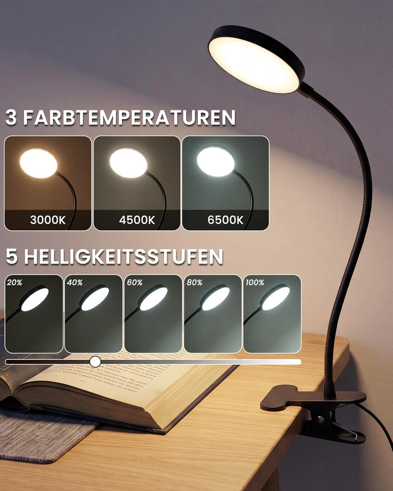 Leselampe Bett, USB LED Klemmlampe für Schlafzimmer, Schreibtisch, Dimmbar