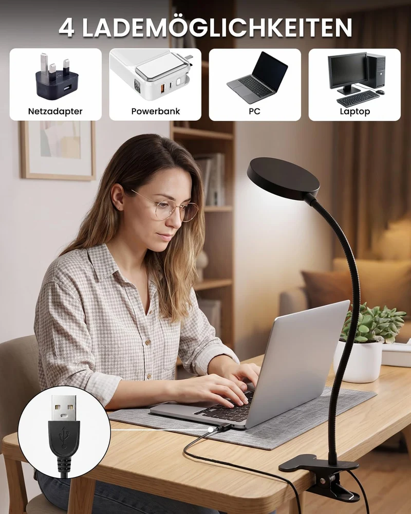 Leselampe Bett, USB LED Klemmlampe für Schlafzimmer, Schreibtisch, Dimmbar
