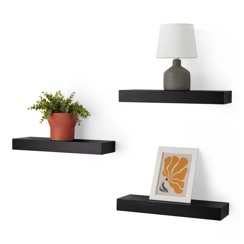 Amazon Basics schwebendes Wandregal aus Holz, 40,1 x 12,7 x 4,6 cm, Schwarz, Packung mit 3 Stück, Schwarz