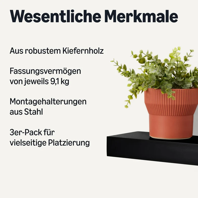 Amazon Basics schwebendes Wandregal aus Holz, 40,1 x 12,7 x 4,6 cm, Schwarz, Packung mit 3 Stück, Schwarz
