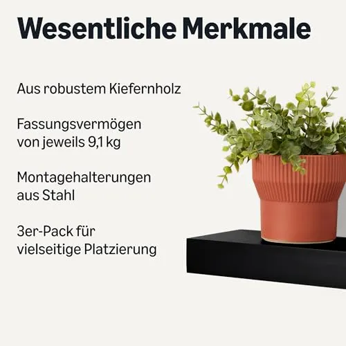 Amazon Basics schwebendes Wandregal aus Holz, 40,1 x 12,7 x 4,6 cm, Schwarz, Packung mit 3 Stück, Schwarz