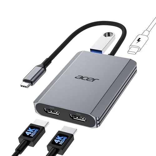 Acer USB C auf Dual HDMI Adapter 4K@60Hz, 4-in-1 Hub mit 100W PD, USB 3.0
