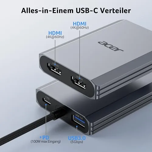 Acer USB C auf Dual HDMI Adapter 4K@60Hz, 4-in-1 Hub mit 100W PD, USB 3.0