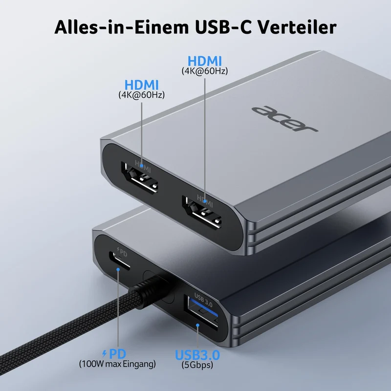 Acer USB C auf Dual HDMI Adapter 4K@60Hz, 4-in-1 Hub mit 100W PD, USB 3.0