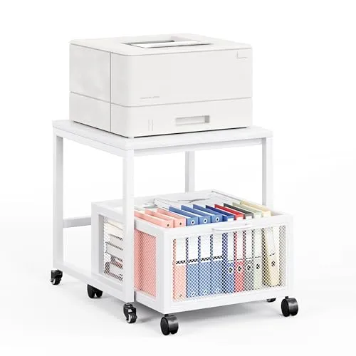 Druckertisch mit Lagerung Drawer, Druckerständer mit Universalrollen mobiler Druckerständer aus Holz & Metall Druckerwagen Stauregal 50x50x43cm bis zu 70 kg belastbar für Büro Zuhause Schule (Weiß)
