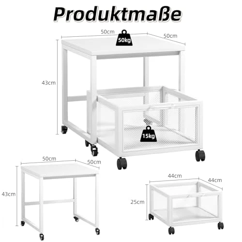 Druckertisch mit Lagerung Drawer, Druckerständer mit Universalrollen mobiler Druckerständer aus Holz & Metall Druckerwagen Stauregal 50x50x43cm bis zu 70 kg belastbar für Büro Zuhause Schule (Weiß)