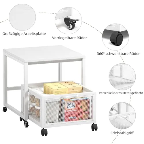 Druckertisch mit Lagerung Drawer, Druckerständer mit Universalrollen mobiler Druckerständer aus Holz & Metall Druckerwagen Stauregal 50x50x43cm bis zu 70 kg belastbar für Büro Zuhause Schule (Weiß)
