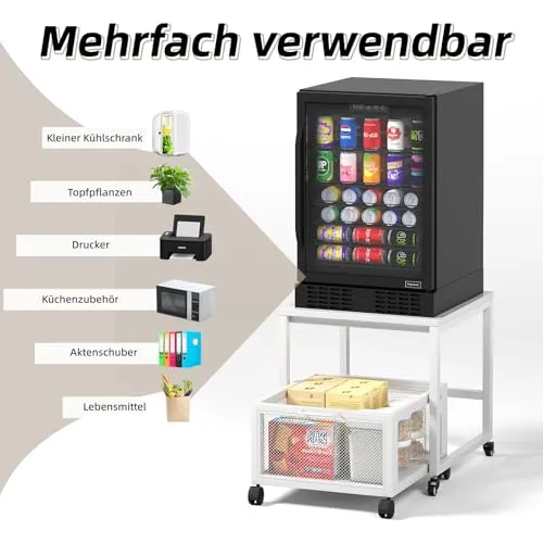 Druckertisch mit Lagerung Drawer, Druckerständer mit Universalrollen mobiler Druckerständer aus Holz & Metall Druckerwagen Stauregal 50x50x43cm bis zu 70 kg belastbar für Büro Zuhause Schule (Weiß)