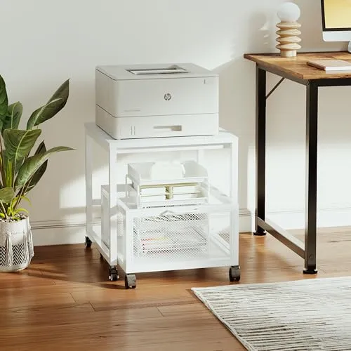 Druckertisch mit Lagerung Drawer, Druckerständer mit Universalrollen mobiler Druckerständer aus Holz & Metall Druckerwagen Stauregal 50x50x43cm bis zu 70 kg belastbar für Büro Zuhause Schule (Weiß)