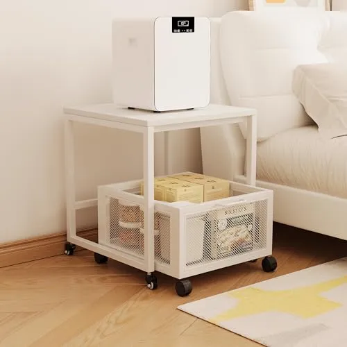Druckertisch mit Lagerung Drawer, Druckerständer mit Universalrollen mobiler Druckerständer aus Holz & Metall Druckerwagen Stauregal 50x50x43cm bis zu 70 kg belastbar für Büro Zuhause Schule (Weiß)