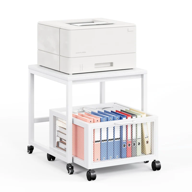 Druckertisch mit Lagerung Drawer, Druckerständer mit Universalrollen mobiler Druckerständer aus Holz & Metall Druckerwagen Stauregal 50x50x43cm bis zu 70 kg belastbar für Büro Zuhause Schule (Weiß)