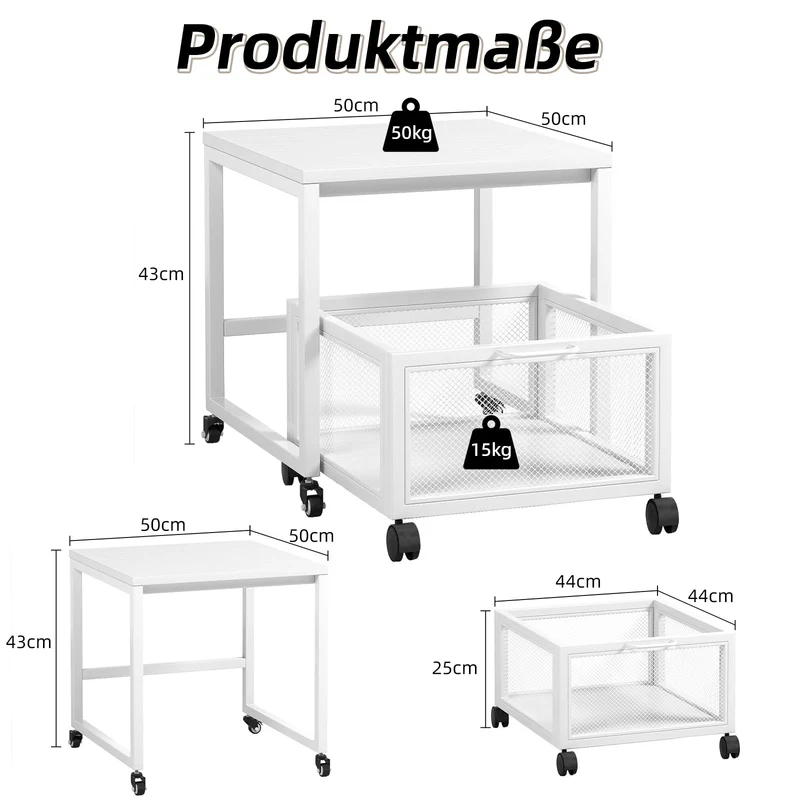 Druckertisch mit Lagerung Drawer, Druckerständer mit Universalrollen mobiler Druckerständer aus Holz & Metall Druckerwagen Stauregal 50x50x43cm bis zu 70 kg belastbar für Büro Zuhause Schule (Weiß)