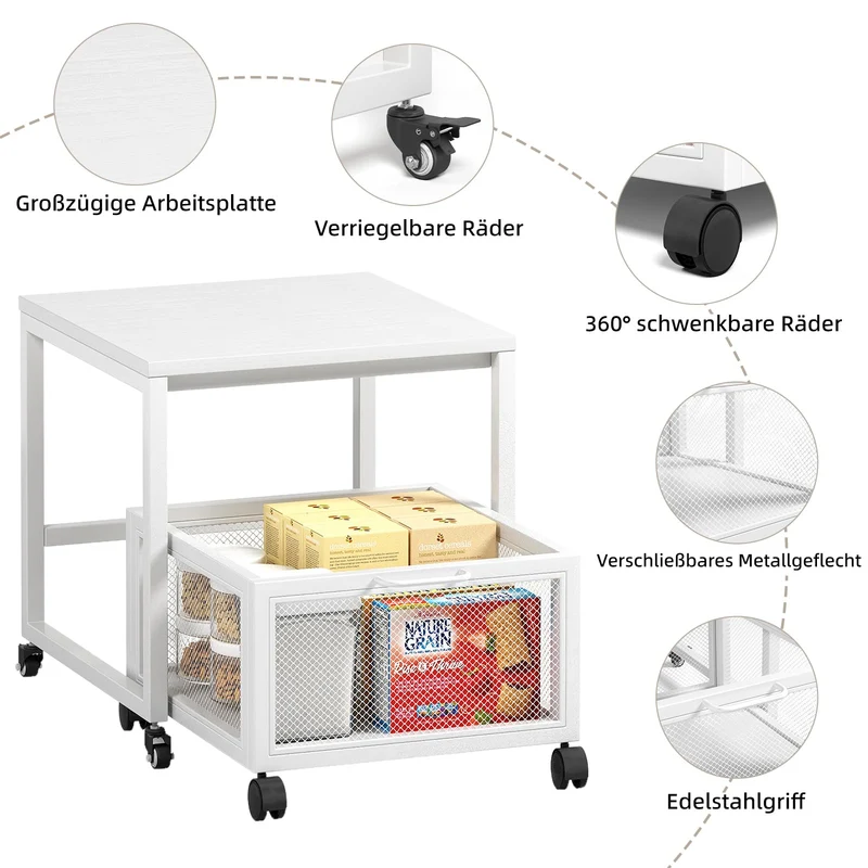 Druckertisch mit Lagerung Drawer, Druckerständer mit Universalrollen mobiler Druckerständer aus Holz & Metall Druckerwagen Stauregal 50x50x43cm bis zu 70 kg belastbar für Büro Zuhause Schule (Weiß)