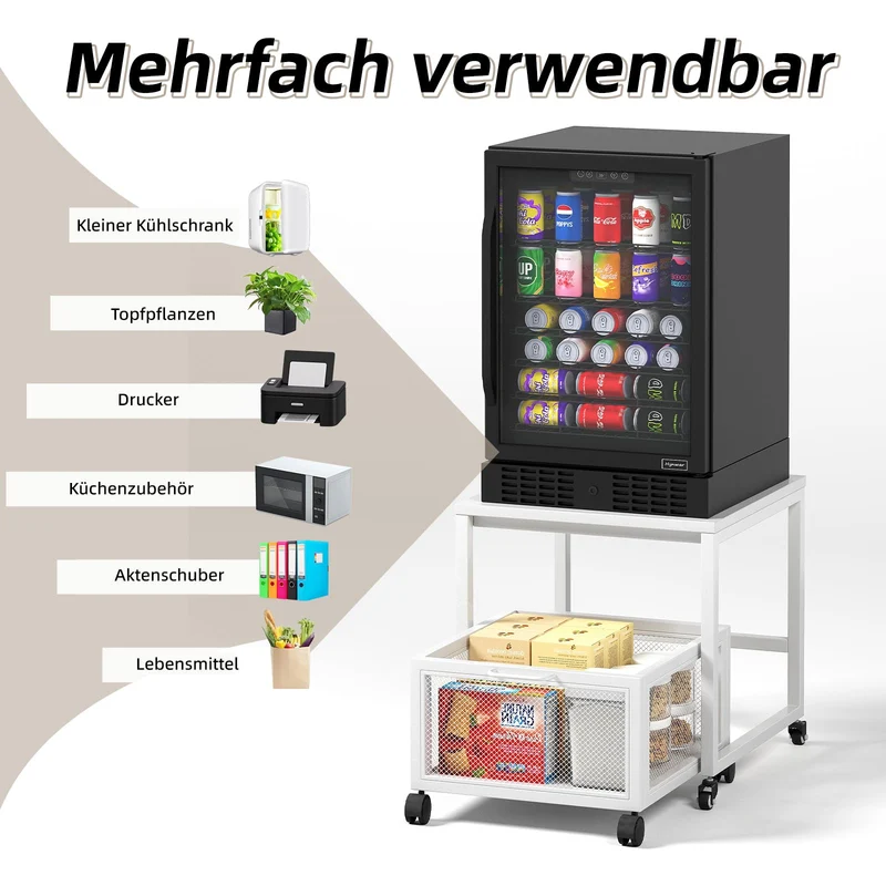 Druckertisch mit Lagerung Drawer, Druckerständer mit Universalrollen mobiler Druckerständer aus Holz & Metall Druckerwagen Stauregal 50x50x43cm bis zu 70 kg belastbar für Büro Zuhause Schule (Weiß)