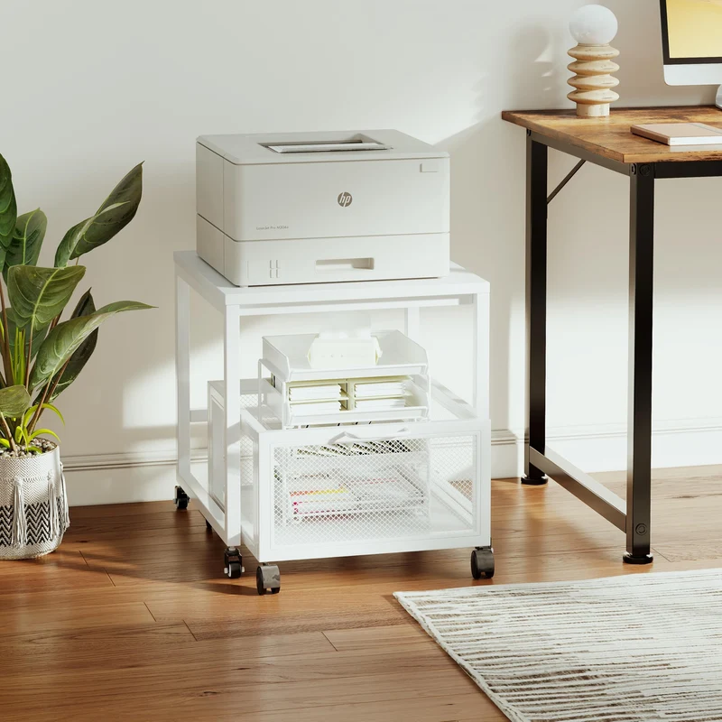 Druckertisch mit Lagerung Drawer, Druckerständer mit Universalrollen mobiler Druckerständer aus Holz & Metall Druckerwagen Stauregal 50x50x43cm bis zu 70 kg belastbar für Büro Zuhause Schule (Weiß)