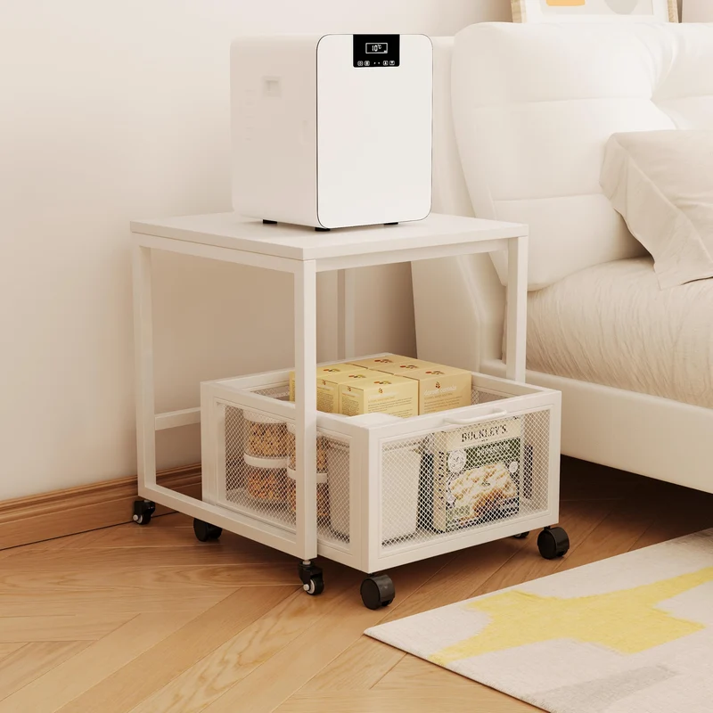 Druckertisch mit Lagerung Drawer, Druckerständer mit Universalrollen mobiler Druckerständer aus Holz & Metall Druckerwagen Stauregal 50x50x43cm bis zu 70 kg belastbar für Büro Zuhause Schule (Weiß)