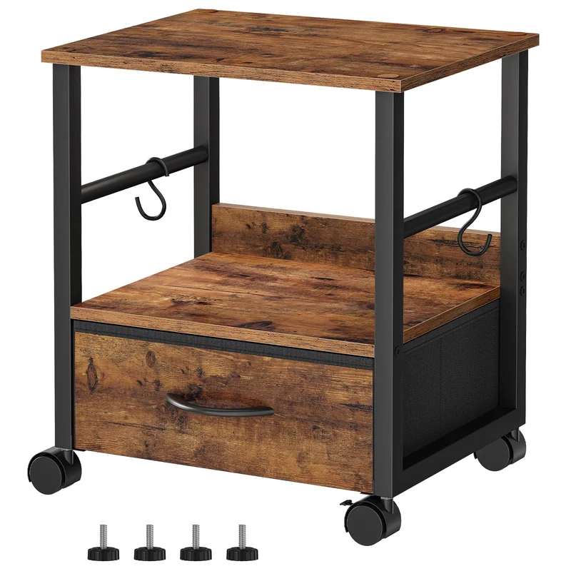 HOOBRO 2-stufiger Druckerständer, Druckertisch, Drucker Stand mit Schublade und 2 S-Haken, mit Rollen und verstellbaren Füßen, für Arbeitszimmer, Wohnzimmer, Vintagebraun und Schwarz EBF20PS01