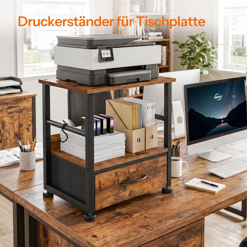 HOOBRO 2-stufiger Druckerständer, Druckertisch, Drucker Stand mit Schublade und 2 S-Haken, mit Rollen und verstellbaren Füßen, für Arbeitszimmer, Wohnzimmer, Vintagebraun und Schwarz EBF20PS01